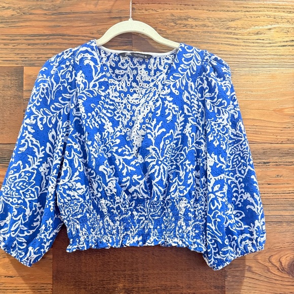 Zara Tops - Zara Blue and White Eyelet Floral Blouse with Puff Sleeves